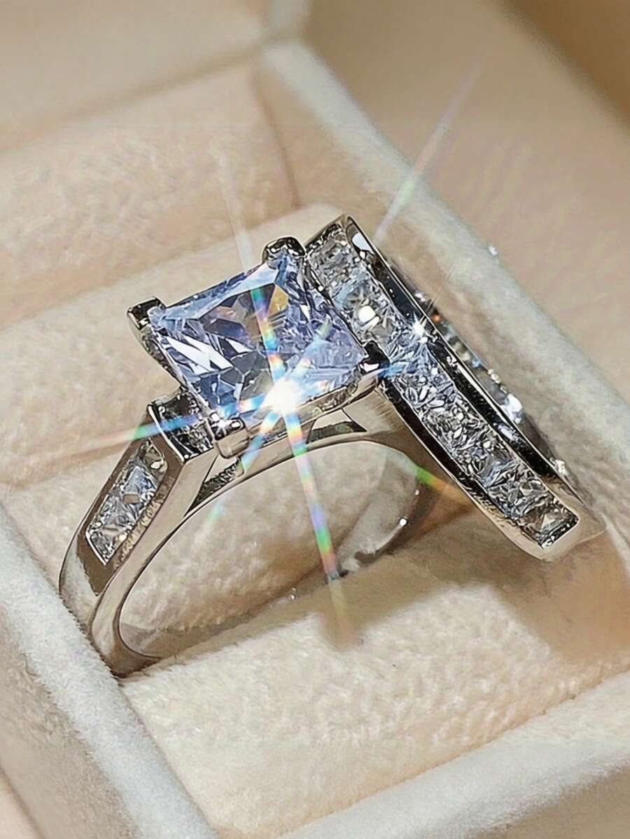 2件組女款奢華方形水晶婚禮新娘戒指,優雅訂婚派對戒指,週年紀念情人節禮物,時尚珠寶(不含盒) - 銀色 - 查看 1