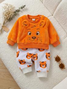 Baby Boy 3D Tiger Ear Fleece 2 Pieces Set, Cartoon Tiger Embroidered Sweatshirt + All-Over Print Pants, Soft & Comfortable Outfit For Newborns - Orange - View 3