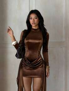 Women's Fall Brown Elegant Backless Satin Midi Dress With Draped Sash, Date, Party, Holiday, Birthday, Wedding, Winter,Halloween, Christmas,Hoco - Brown - View 6