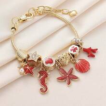 1pc Red Ocean Element Beaded Bracelet With Gold Chain, Seahorse, Starfish, Shell, Coral And Heart Pendant Design, Vintage Style, Summer Vacation, Suitable For Women's Daily Wear, Jewelry - Seahorse Starfish - View 3