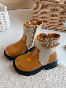 Kids' New Patchwork Boots, Leather & Fabric Colorblock Buckle Side Zipper Thick Sole Ankle Boots For Boys & Girls - Yellow - View 2