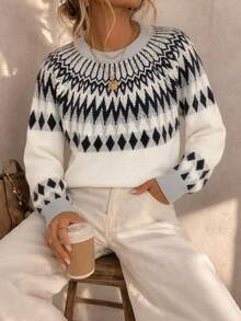 Nordic Relaxed Style Fair Isle Vintage Jacquard Knit Sweater Women's Loose Long Sleeve Pullover Crew Neck Dropped Shoulder Radial Jacquard Texture Soft Skin-Friendly Breathable Daily Wear Early Autumn Outfit Knit Top - White - View 6