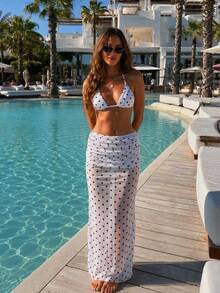 Black Polka Dot White Background Bikini Long Chiffon Dress 3 Pieces Set, Summer Beach Vacation Party Fashion Elegant Casual Swimwear Outfit - Black and White - View 2