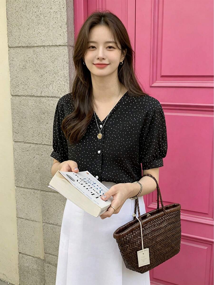 YCYC Summer Polka Dot Petal Sleeve Women's Short Sleeve Blouse - Black - View 1