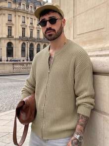 Lookun Men's New Autumn/Winter Casual Loose Minimalist Solid Color Waffle Knit Warm Tone Korean Style Versatile Commuter Button Polo Collar Cardigan Long Sleeve Knit Jacket - Apricot - View 4