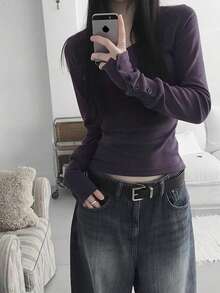 Autumn V-Neck Slim Fit Long Sleeve Base Layer T-Shirt - Purple - View 4