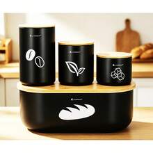 4-Piece Metal Bread Box Set With Bamboo Cutting Board Lid & 3 Kitchen Storage Canisters, Black - Black - View 2