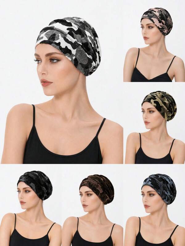 Women Camo Print Lace Turban, Elastic Pleated Beanie Headwear, Stylish Casual Head Cover Cap For Daily Outfit