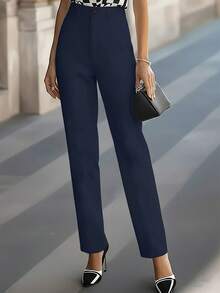 Jisfaneya 女款時尚聚酯纖維直筒長褲，鈕扣與拉鍊開合，適合秋季休閒時尚穿搭 - 藏蓝色 - 查看 5