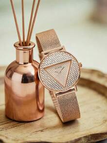 GUESS Women's Quartz Watch With Full Rhinestone Triangular Dial, Rose Gold Milanese Mesh Band, Luxury Party Wristwatch - one-size - View 1