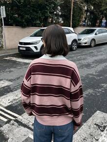 Women's Colorblock Casual Versatile Daily Wear Long Sleeve Sweater - Camellia Pink & Purple-red - View 6