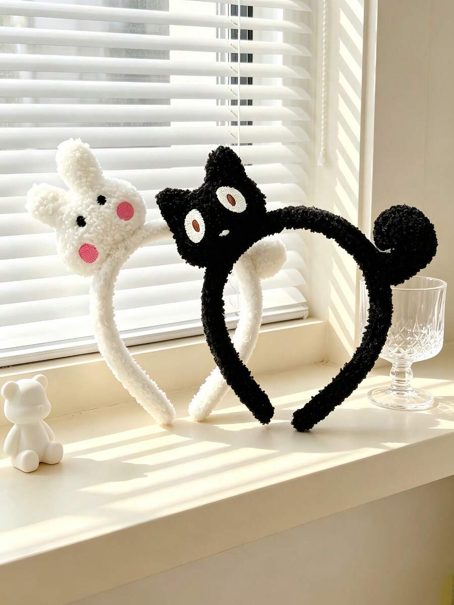 1pc Cute Plush Rabbit Headband, Soft Fuzzy Bunny Pom‑Pom Decor Hair Hoop, Sweet Cartoon Animal Hair Accessory For Girls Daily Makeup Washing Face - Multicolor - View 1