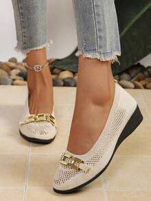 Women's Round Toe Wedge Heel Mesh Breathable Metal Buckle Low Vamp Ballet Shoes, Spring/Summer Commute Minimalist Elegant Driving Loafers - Beige - View 3