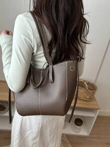 1pc Solid Color PU Commuter Shopping Large Capacity Minimalist Exquisite Versatile Casual Daily Modern Style Tote Bag - Coffee - View 2
