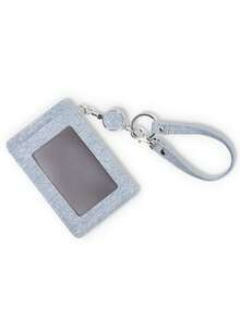Business Casual Blue Denim Texture Transparent Window ID Badge Holder With Wrist Strap, Portable PU Leather Card Holder, Women's Style - Multicolor - View 4