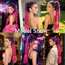 Deep Purple Braided Ponytail Wig, Colorful Boxing Braids, Fluffy Hair Braid Ponytail Wig, Hair Tie Hair Band Hair Accessory - Pink - View 9