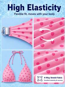 HOTTIE HABIT Pink Polka Dot Halter Triangle Bikini Set, Ruched Bust Adjustable Tie High Cut Sexy Two Pieces Swimsuit, Suitable For Summer Beach Pool Vacation - Pink - View 6