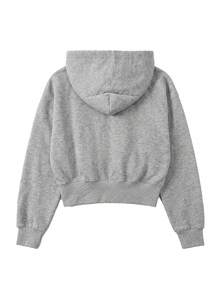 Women's Solid Color Drop Shoulder Long Sleeve Zip-Up Hooded Sweatshirt - Grey - View 3