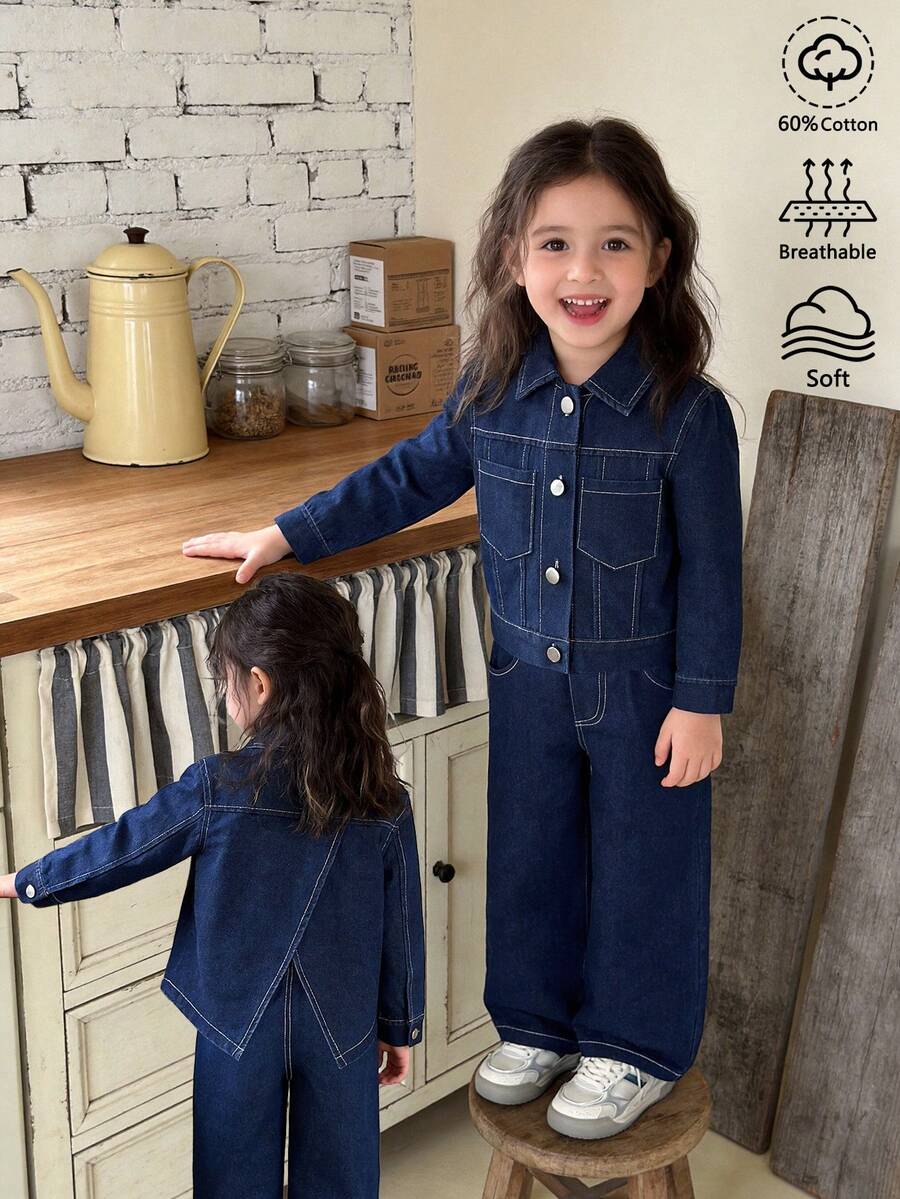 Blue Denim Outfit 4-8 Years Old Girls Fashion New Spring/Autumn Versatile Casual Asymmetrical Design Denim Jacket Short Outerwear Paired With Loose Wide Leg Pants Long Pants Two Pieces Set - Blue - View 1