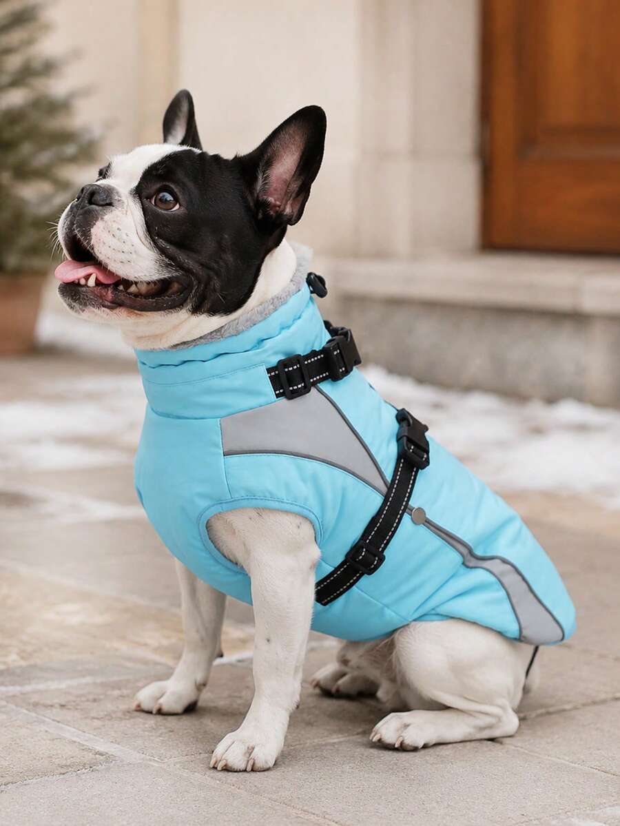 Small Dog Winter Jacket With Built-In Chest Straps, Fleece-Lined For Warmth, Reflective High Neck Design, Suitable For Cold Weather Dog Snow Clothing