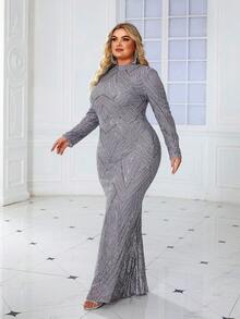 Plus Size Luxury Light Gray Sequin Elegant Stand Collar Long Sleeve Mermaid Party Evening Dress - Light Grey - View 2