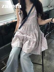 可愛毛絨格紋蛋糕荷葉邊日系復古寬鬆吊帶短洋裝，秋季 - 粉格紋 - 查看 9