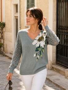 Elegant Floral Print V-Neck Long Sleeve Sweater, Versatile For Spring, Summer, Autumn, Winter, Bohemian Style, Travel Vacation Fall - Light Blue - View 8
