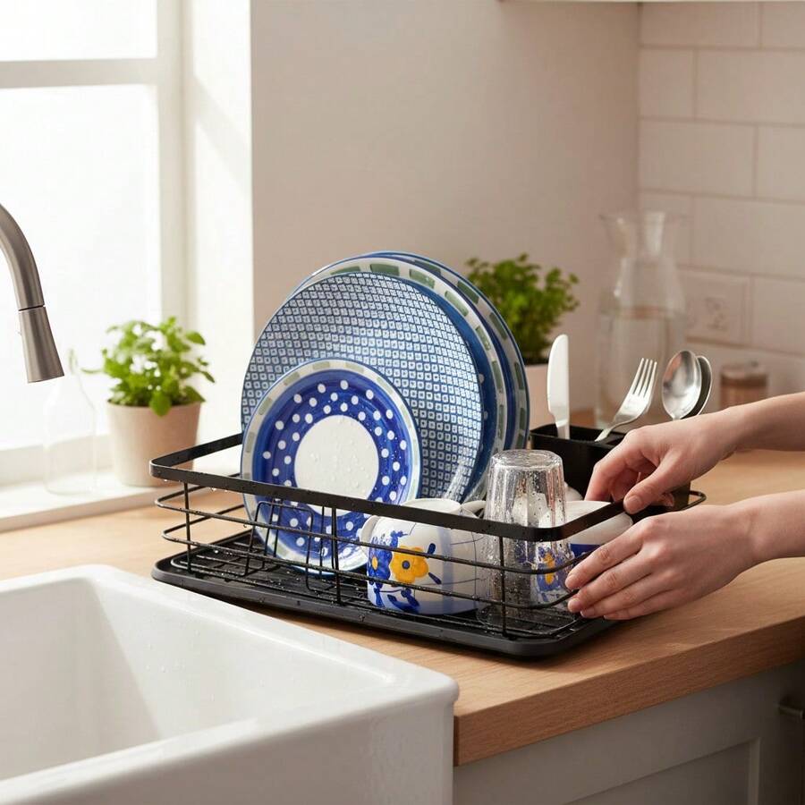 رف تجفيف الأطباق مع صينية تصريف، منظم أطباق من طبقة واحدة، حامل لسطح المطبخ، صينية ماء قابلة للإزالة، منظم للأطباق والأكواب، تخزين مدمج على الطاولة، موفر للمساحة - مصفاة - مشاهدة 1