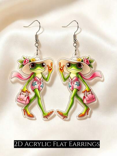 2D Creative Fashionable Vacation Style Frog Acrylic Earrings, Modern Frog With Flower Hat Pendant Earrings For Women, Tropical Beach Vacation Outfit Accessory, Suitable For All Seasons