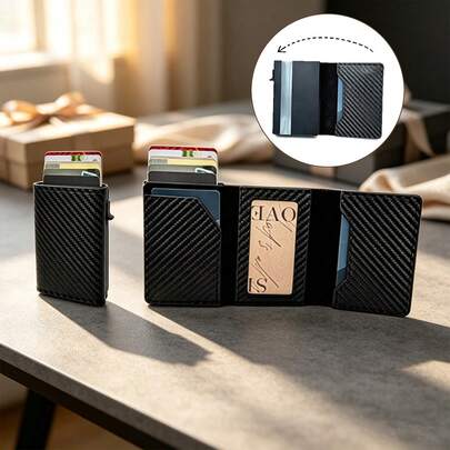Men's Casual Fashion 3-Fold Automatic Pop-Up Card Holder, Anti-Theft RFID Carbon Fiber Pattern Card Sleeve, Aluminum Alloy, Wallet, Clutch, Minimalist