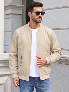 Casual Khaki Pilot Jacket With Stand Collar, Full Zip, Lightweight Ribbed Hem And Cuffs, Slanted Pockets, Suitable For Spring And Autumn Daily Wear - Beige - View 2