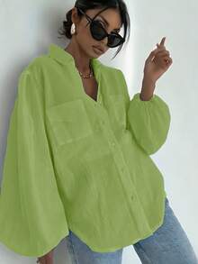 Women's Autumn Back To School Style Lime Green Puff Sleeve Long Sleeve Collared Pocket Loose Casual Shirt, Autumn Daily Shirt - Lime Green - View 4