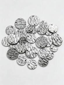 20 Pcs Stainless‑Steel Hammered Textured Round Disc Pendants, Gold‑Plated Single & Double Hole Connector Charms, DIY Jewelry Craft Supplies - Silver - View 5
