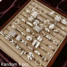 9pcs Random Set Men's Women's Unisex Personalized Hollow Asymmetrical Asymmetric Stackable Rings, Material, Suitable For Daily Wear, Gatherings, Music Festivals Or Parties (No Box) - Silver - View 1