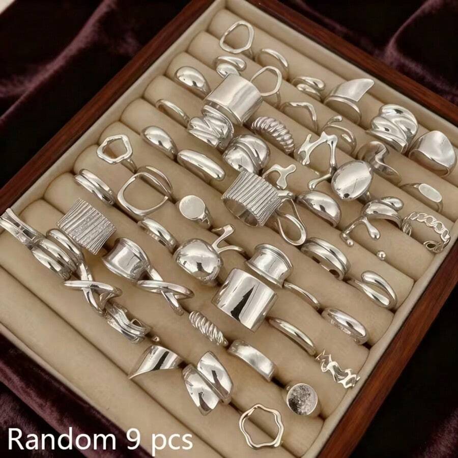 9pcs Random Set Men's Women's Unisex Personalized Hollow Asymmetrical Asymmetric Stackable Rings, Material, Suitable For Daily Wear, Gatherings, Music Festivals Or Parties (No Box) - Silver - View 1