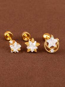 3PCS Stainless Steel Mini White Star Zirconia Stud Earring Set Women 18K Gold Plated Helix Ear Studs Tragus Cartilage Piercing Girls Jewelry Gift - 1-gold-3PCS - View 2