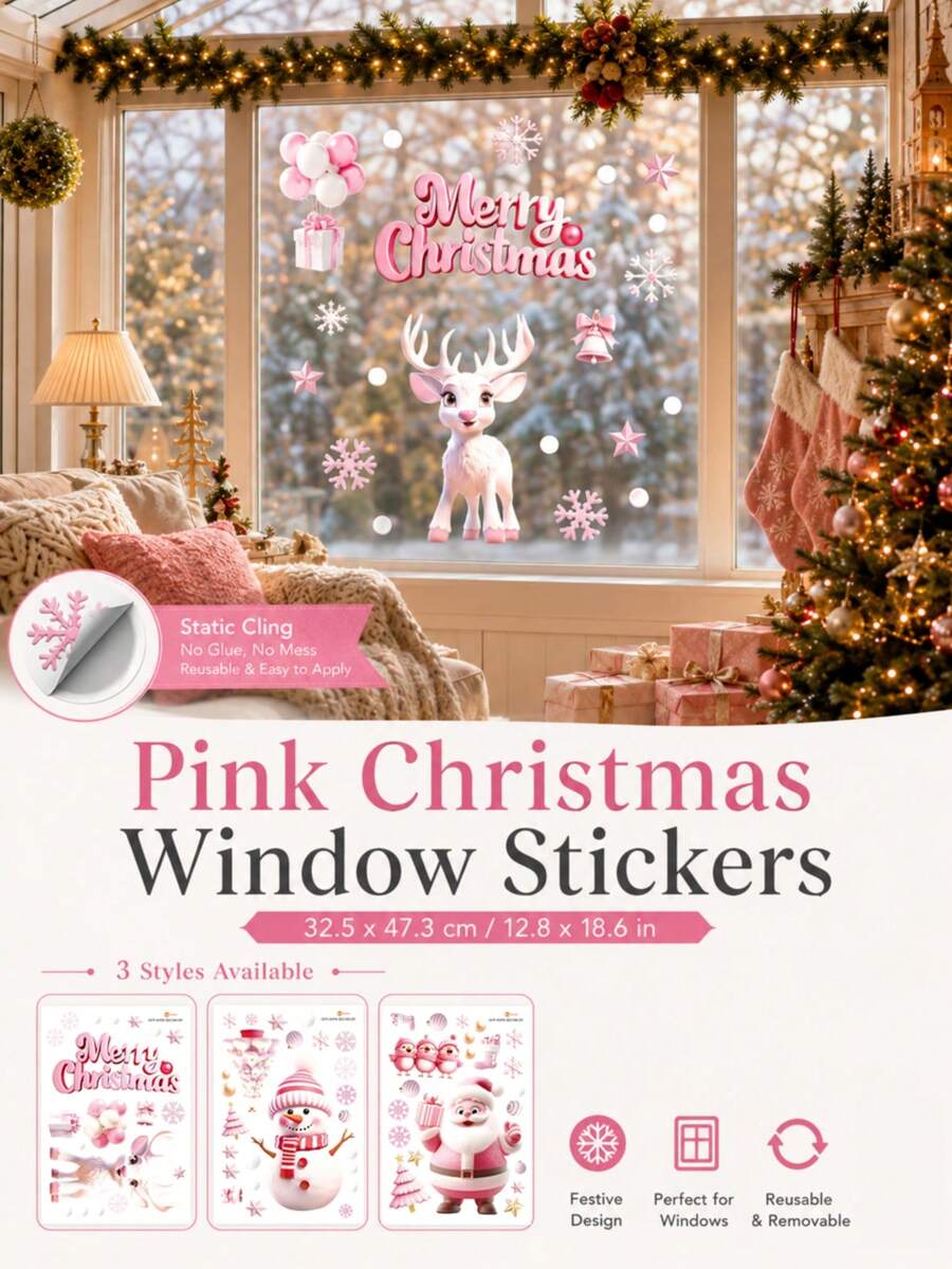 SUPSTICKER 1 قطعة ملصقات نافذة عيد الميلاد الوردية، ملصقات PVC ثابتة سانتا رجل الثلج الرنة، ملصقات زجاجية قابلة لإعادة الاستخدام بدون غراء لديكور المنزل والمتجر والحفلة - 1PC - مشاهدة 1