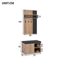 Shoe Bench, Hallway Furniture, 2-Door Shoe Cabinet With Back Panel And 3 Hooks, Black And Natural; Dimensions: W70/D36/H146cm (W*D*H) - Natural+Black + Particle Board - View 3