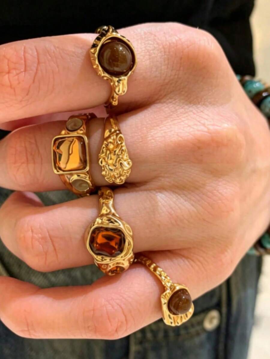 5pcs Vintage Ring Set, Men's Punk Style Colorful Faux Gemstone Stackable Rings, Hip Hop Personalized Accessories, Streetwear - Multicolor - View 1