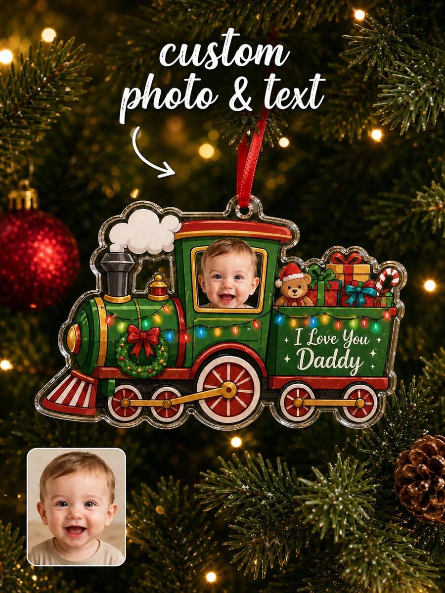 Personalized Christmas Train Photo And Text Acrylic Ornament, Baby First Christmas Keepsake, Family Holiday Tree Decoration, Ready To Hang - Multicolor - View 1