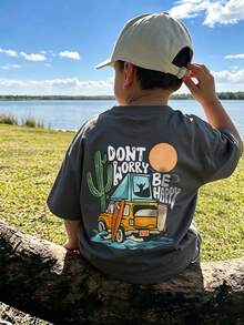 Baby Boy Coastal Adventure Surf Car & Slogan T-Shirt, Loose Fit Beige Short Sleeve T-Shirt - Dark Grey - View 7