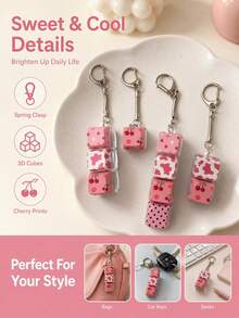 4/3/2/1 Key Sweet Pink Cherry Cow Polka Dot Pattern Cube Keychain, Lightweight & Durable, Decorative Spring Clip, Bag Charm, Key Ring, Suitable For Men & Women, Backpack Decoration, Wallet Pendant, Car Key, Handbag Accessory, Daily Commute, Holiday Gift, Party Favor, Christmas Valentine's Day Birthday Wedding Gift - Multicolor - View 4