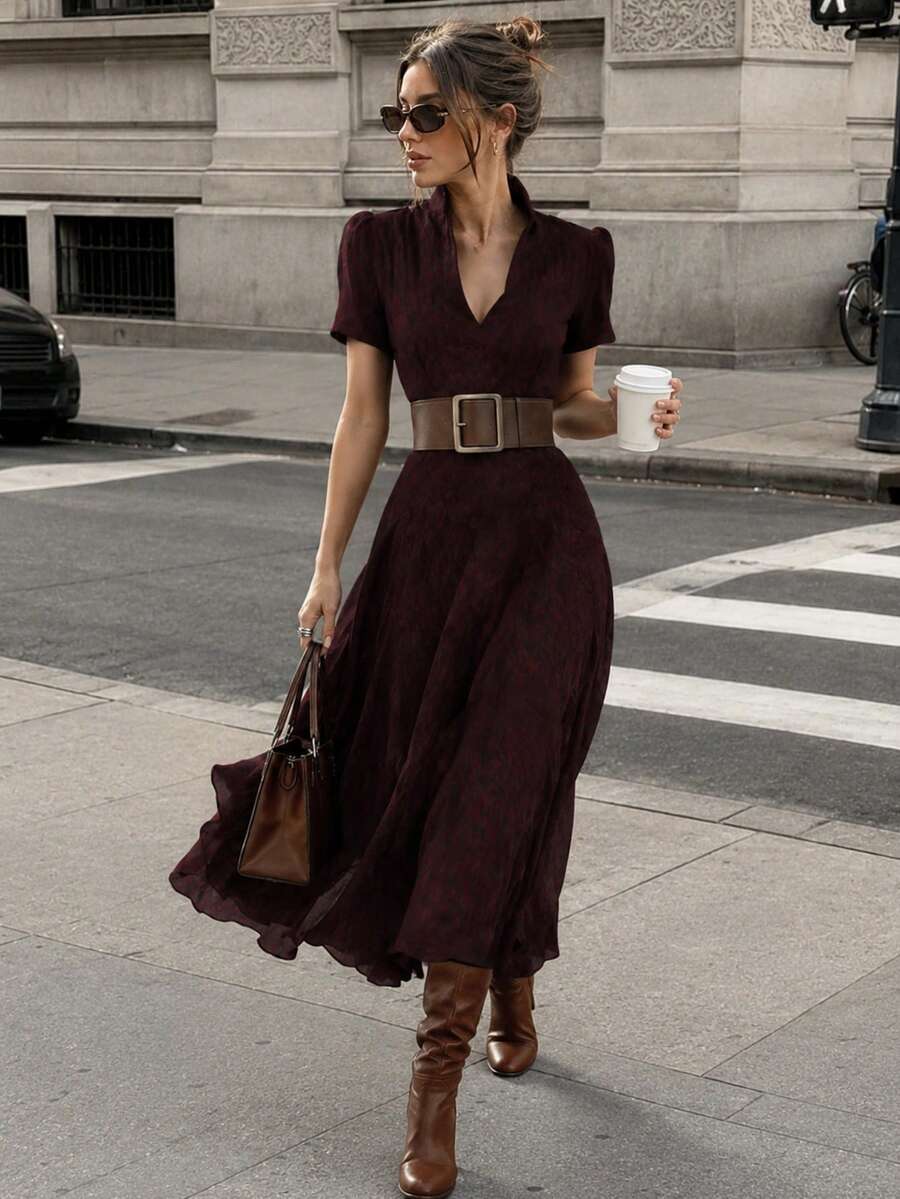 Elegant Women's A-Line V-Neck Short Sleeve Flared Midi Dress, Fashionable Choice For Spring, Summer And Autumn, High-End Women's Dress - Burgundy - View 1