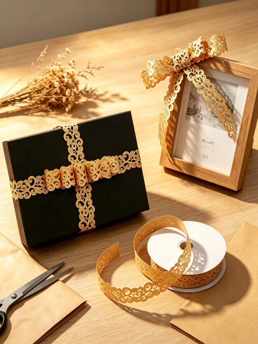 1 Roll Vintage Gold Hollow Lace Decorative Ribbon, Suitable For Scrapbooking, Gift Wrapping And Home Decor, Party Tableware Decoration, Envelope Sealing, Gift Packaging, Clothing Sewing And DIY Decoration - 18m Version - View 1