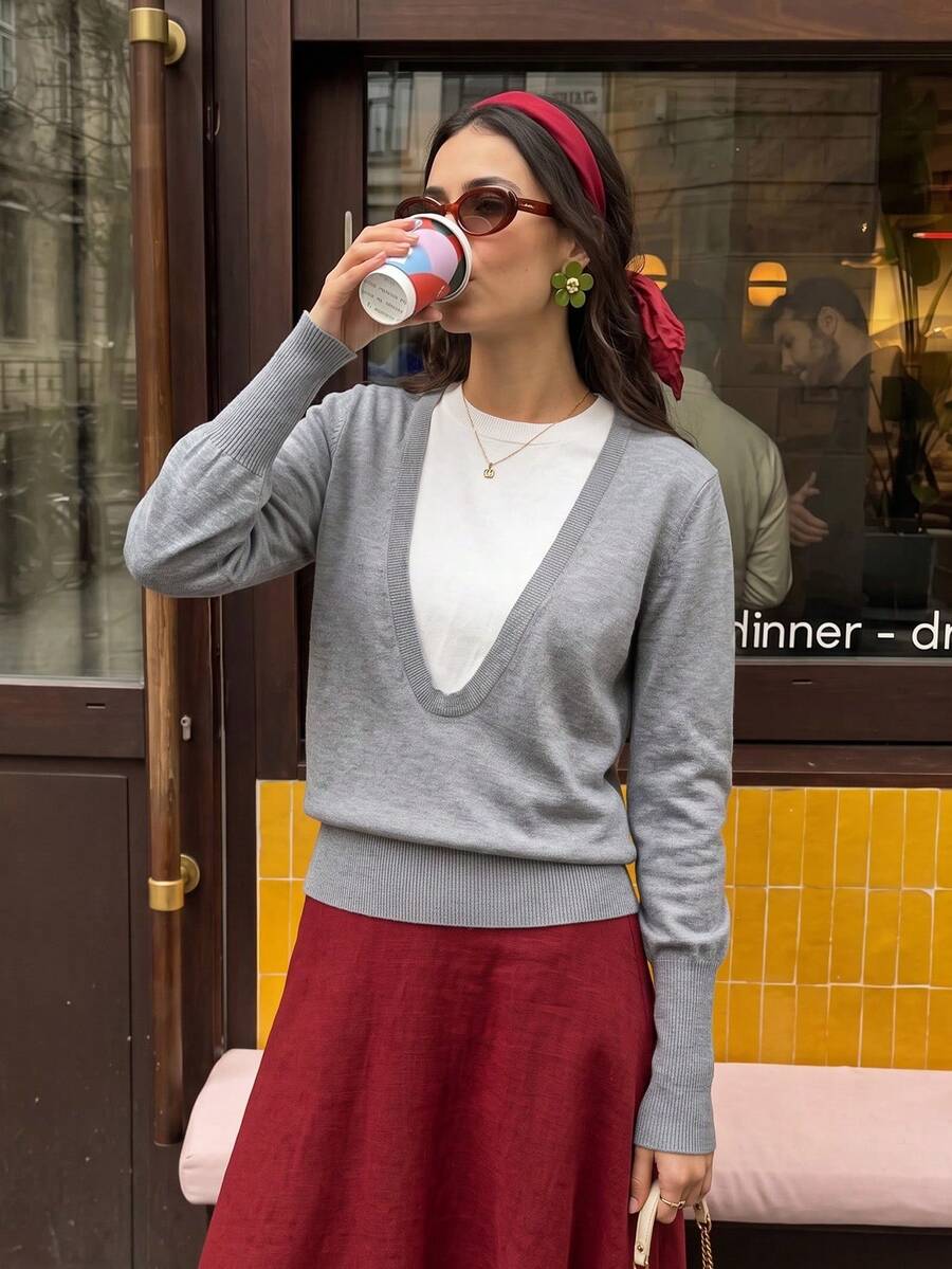 Elegant European & American Early Autumn Relaxed Commute Colorblock Knit Cardigan Soft Drape Drop Shoulder Loose Straight Long Sleeve Ribbed Workplace Coat Inner Layer Street Casual Minimalist Basic Layering Knit Outerwear - Grey - View 1