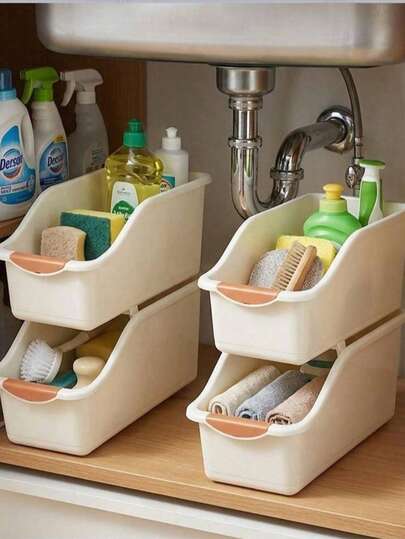 4 Paquetes Caja de Almacenamiento Portátil con Asa Minimalista, Organizador Multifuncional para Especias de Cocina, Gabinetes Debajo del Fregadero, Escritorios, Contenedor de Almacenamiento Doméstico de Plástico Duradero, Solución de Contenedores Apilables para Organización de Dormitorio, Baño y Armario
