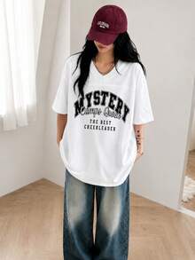 女款時尚夏季寬鬆百搭街頭復古小V領字母印花短袖T恤休閒白色夏季上衣 - 白色 - 查看 3
