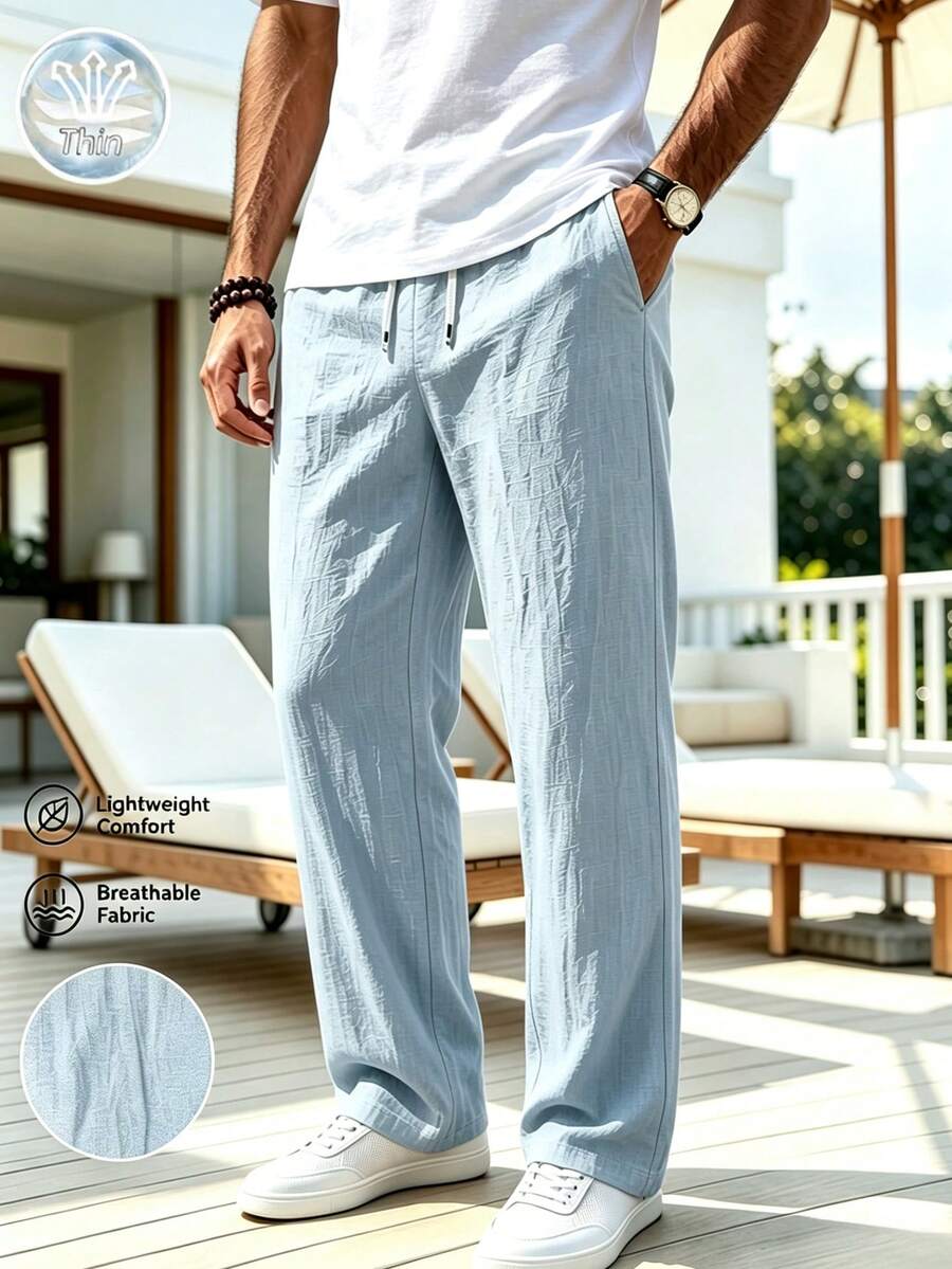 CleanFit Men's Textured Casual Pants, Straight Wide Leg Long Pants, Elastic Waist, Draping Wrinkle-Resistant Sports - Dusty Blue - View 1