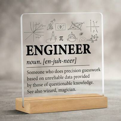 Decoración de escritorio acrílica con definición divertida de ingeniero y base de madera maciza, placa decorativa con definición humorística de ingeniero en inglés, fórmula matemática y patrón geométrico, artesanía creativa para entusiastas de STEM, decoración de escritorio de oficina, regalo ingenioso para el lugar de trabajo, adecuado para colegas ingenieros, graduación, incorporación y cumpleaños, impresión de alta definición en material acrílico transparente, decoración de ambiente para escritorio de oficina en casa, adorno conmemorativo con tema de ciencia divertido, artesanía de decoración suave personalizada para oficina en casa