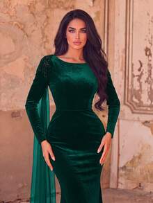 Side Drape Mermaid Hem Velvet Formal Dress - Dark Green - View 9